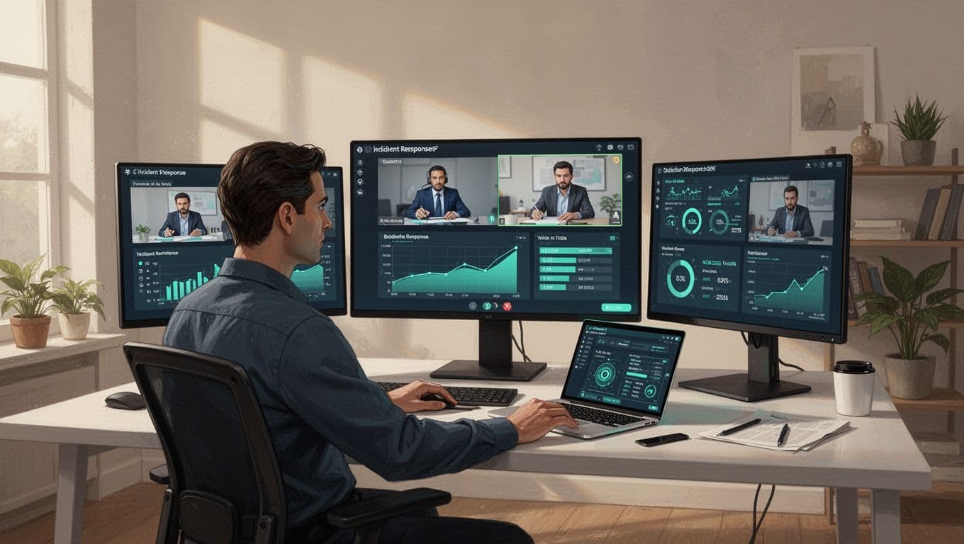 Central cybersecurity leader coordinates virtual incident response via two screens with shared dashboards and laptop amid remote office views.