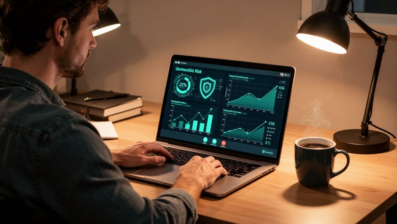 Modern illustration of a laptop displaying abstract cybersecurity risk metrics and graphs during a virtual assessment meeting via video call, with one relaxed person at a desk, coffee mug nearby, and warm desk lamp lighting.
