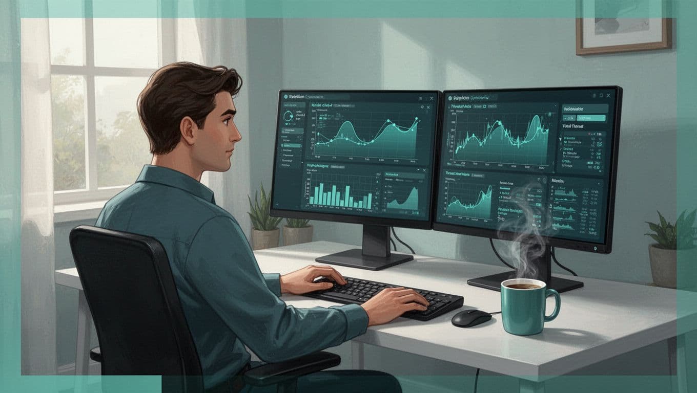 Remote security analyst reviews abstract threat alerts on dual monitors in home office with keyboard and coffee mug on desk.
