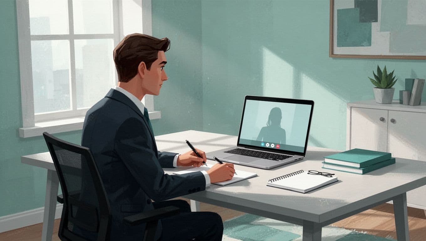 Modern illustration of an interviewer in a professional home office conducting a remote video call with a security operations lead candidate on the laptop screen, notepad with questions and scorecard nearby, using clean shapes and green accents.