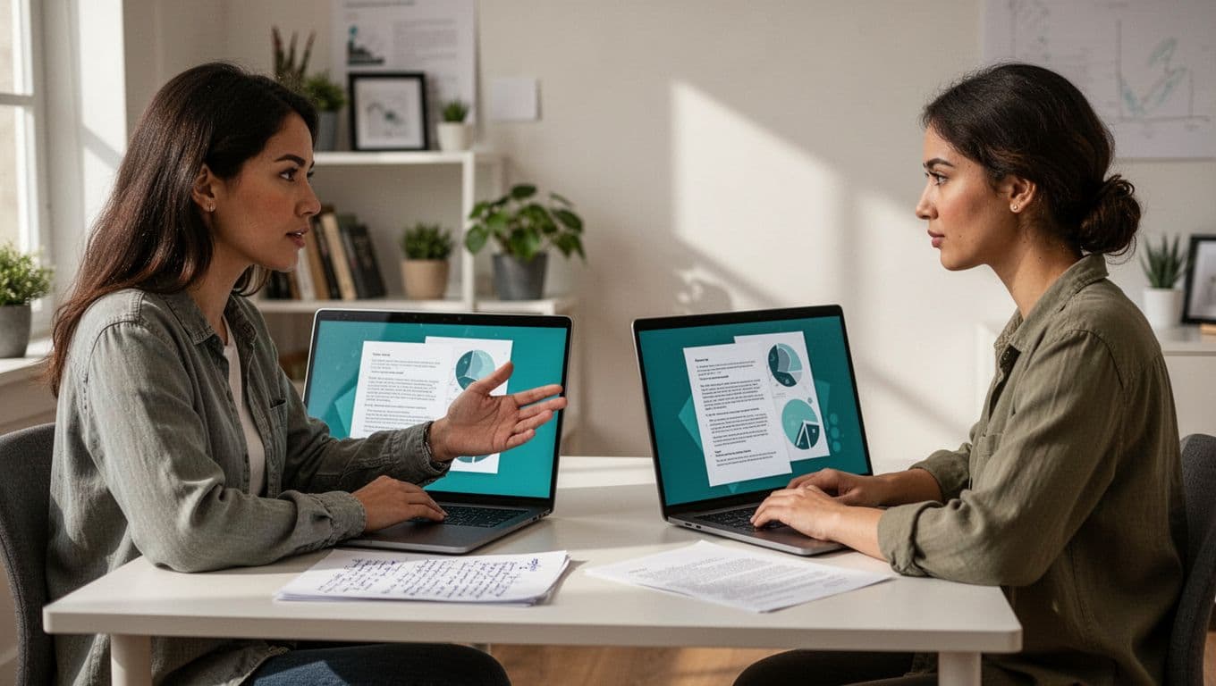 Interviewer and candidate discuss screen documents in virtual laptop meeting, candidate in home office with relaxed gesture.