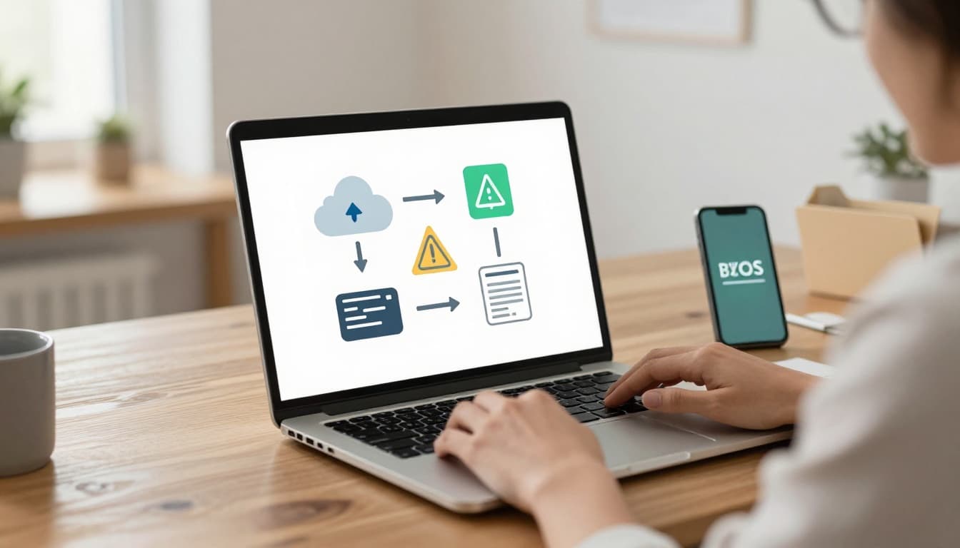 Remote worker at home office desk with open laptop, data leak icons to clouds, SaaS symbols, BYOD phone, and shadow IT folder.