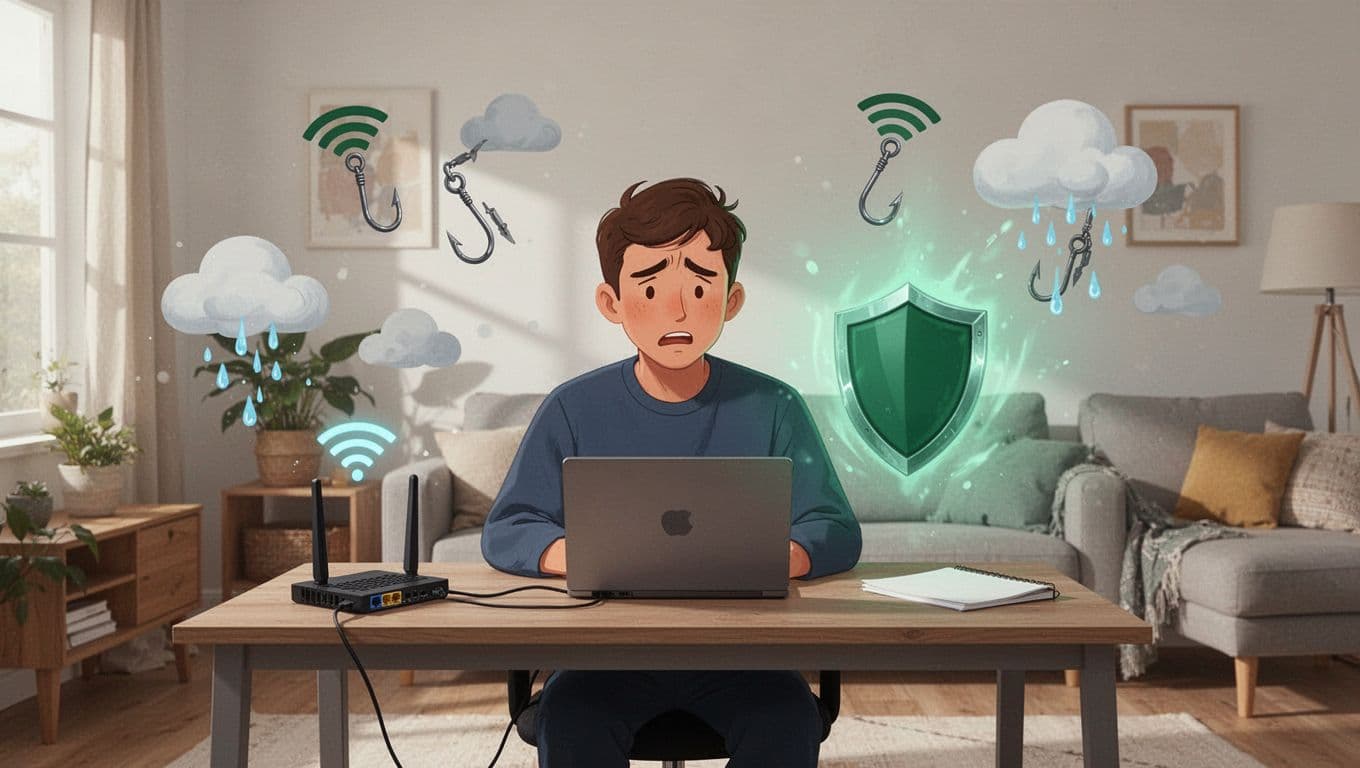 Modern illustration of a remote worker at a home desk using a laptop connected to an unsecured WiFi router, surrounded by subtle threat icons like phishing hooks and cloud leaks, with a worried expression and a secure shield partially blocking risks.