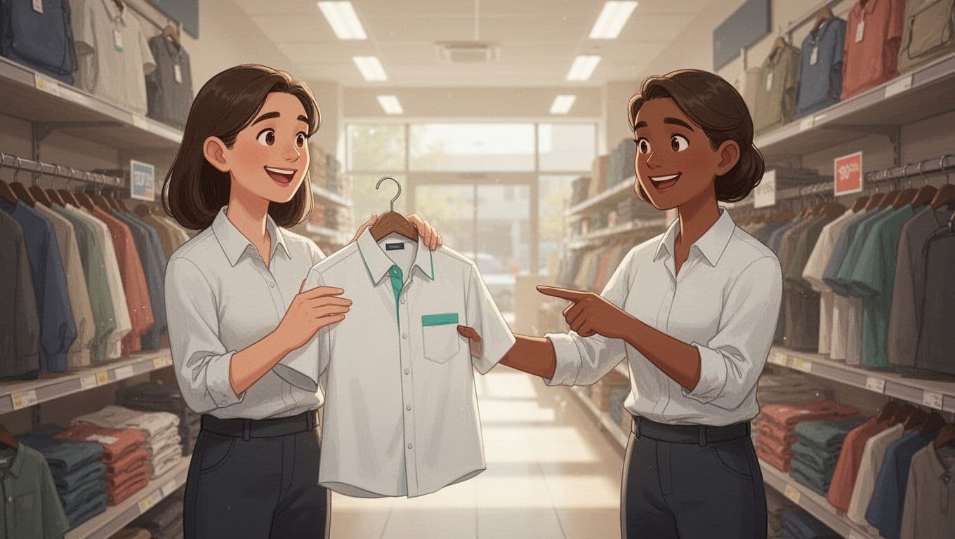 Modern illustration of one retail sales assistant helping one smiling customer select clothes in a bright store aisle, with the assistant holding a shirt featuring a natural green accent.