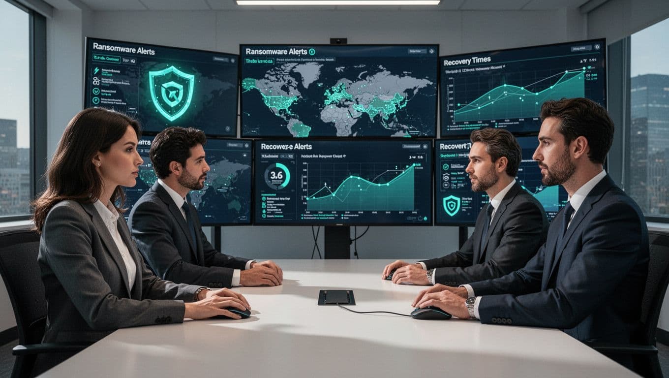 Modern illustration of three cybersecurity consultants—one female, two males—collaborating in a conference room during a ransomware attack on a retail network, with screens displaying threat alerts and recovery timelines accented in green.