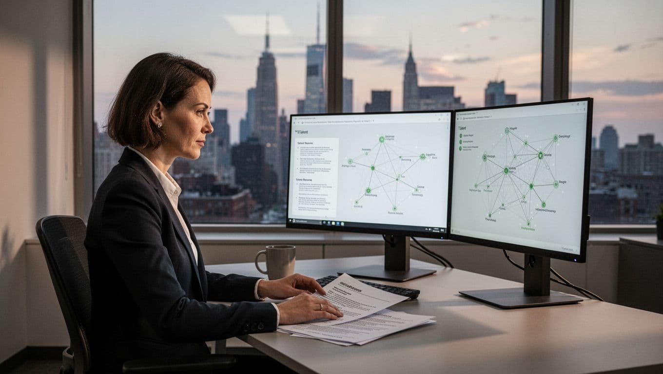 Modern illustration of a professional recruiter at a desk reviewing resumes and mapping talent networks on dual monitors in a focused office at dusk with city skyline view and green highlights.