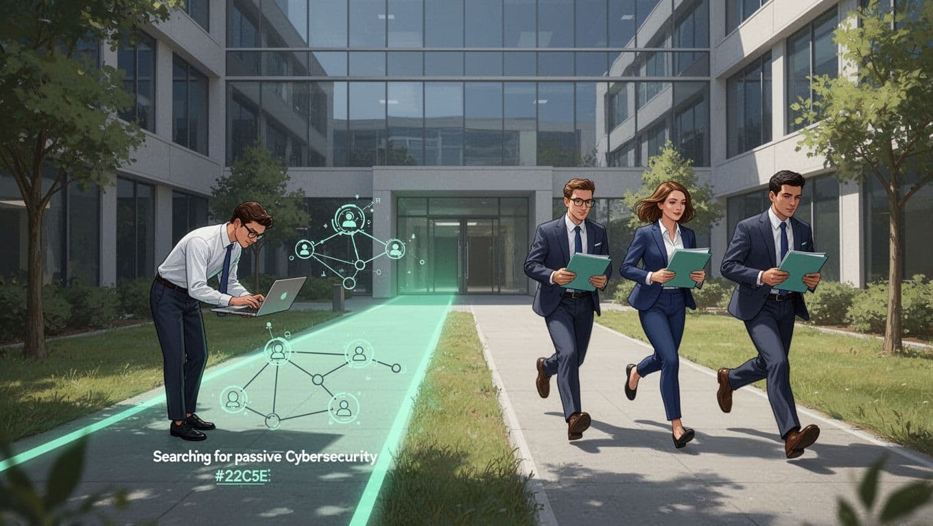Modern illustration depicting two diverging paths from a company building: retained path with one recruiter targeting passive cybersecurity talent via a network map (green accent), versus contingency path with three recruiters handling generic candidates.