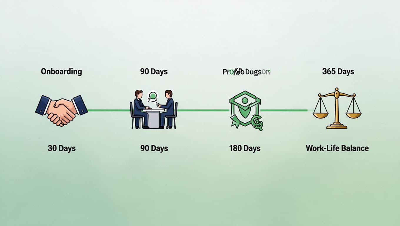 Horizontal timeline with handshake, training, promotion, and balance scale icons connected by green line on gradient background.