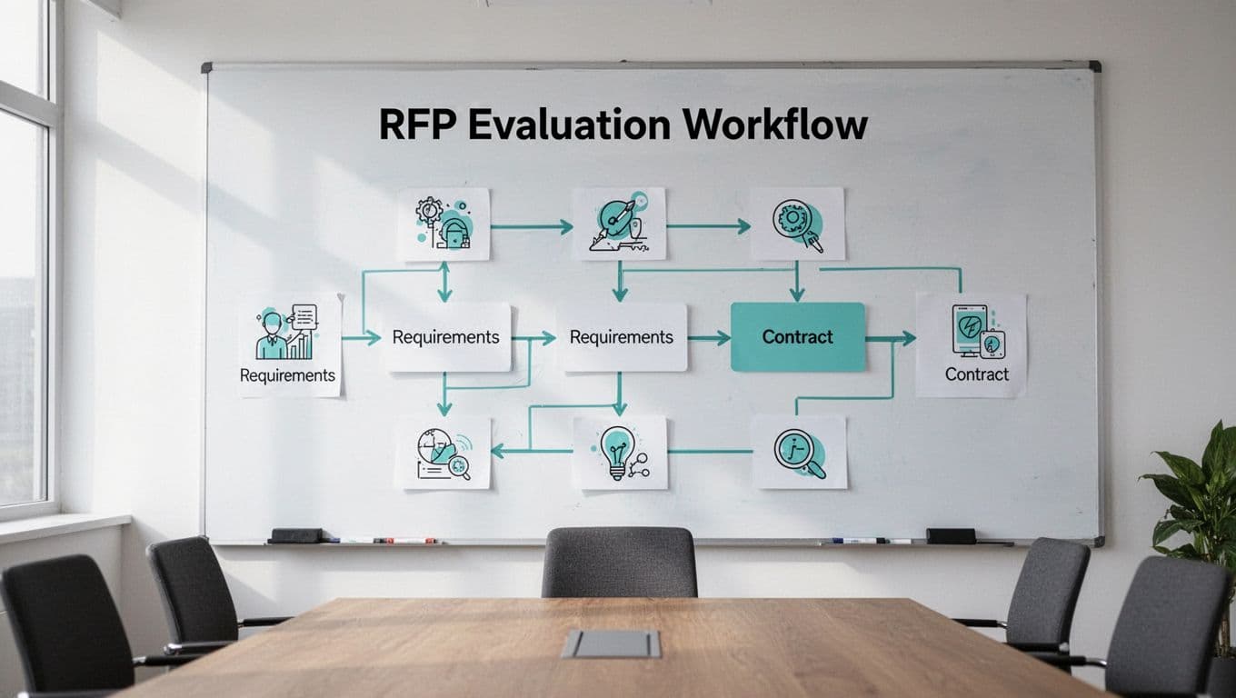 Modern whiteboard-style flowchart illustrating the RFP process for selecting a security awareness vendor, from requirements gathering to contract signing, set in a conference room with simple icons and green arrow accents.