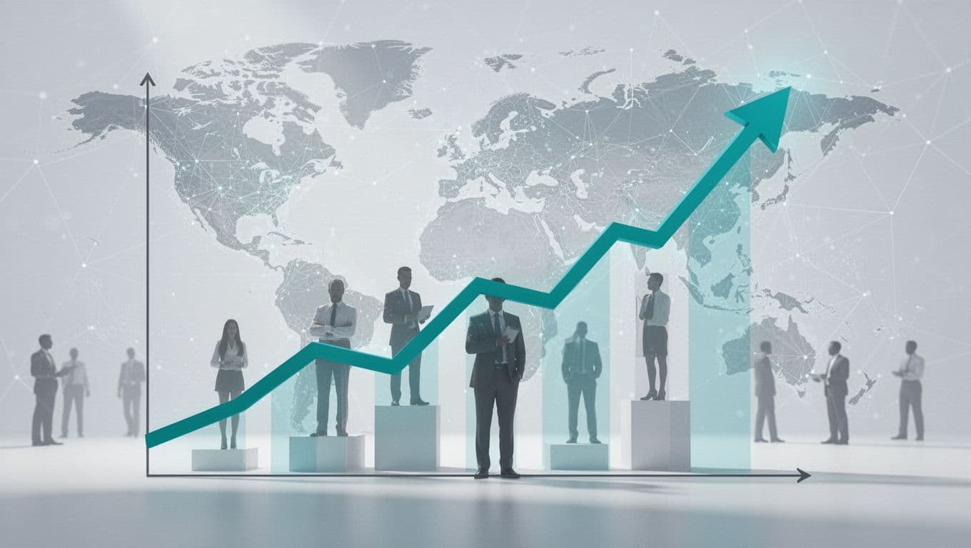 Modern landscape illustration of an upward trending graph depicting the cybersecurity job market growth, with CISO and VP icons on a subtle global network background, using clean minimal shapes and professional lighting.