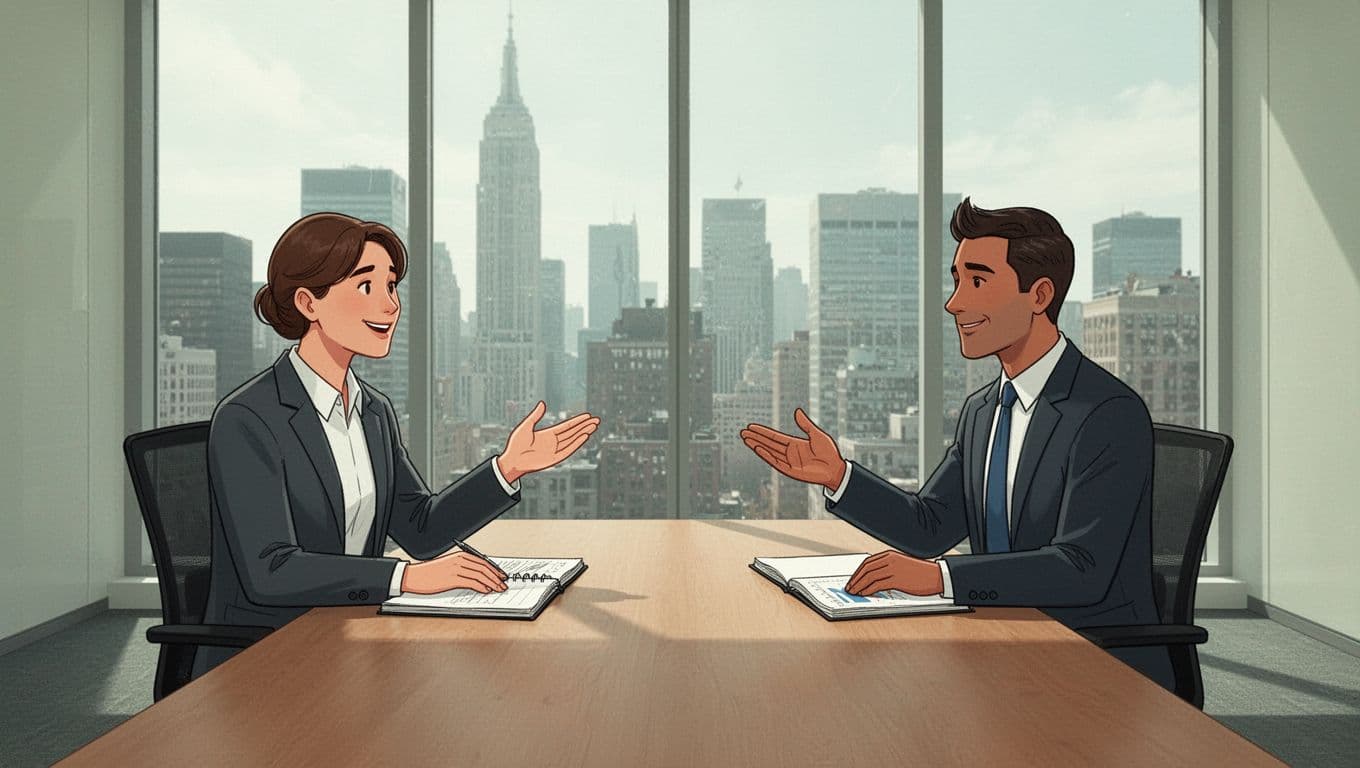 Hiring manager and risk analyst candidate discuss at conference table with open notebooks and office window view.