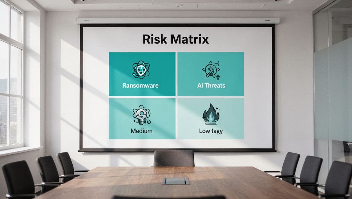 Risk matrix chart on digital whiteboard in conference room with likelihood-impact axes, colored quadrants, and threat icons.