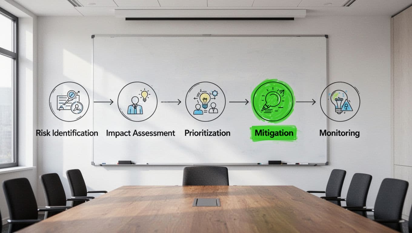 Modern step-by-step flowchart on a conference room whiteboard illustrating identify risks, assess impact, prioritize, mitigate, and monitor, with numbered steps 1-5 connected by arrows and green highlight on mitigation.