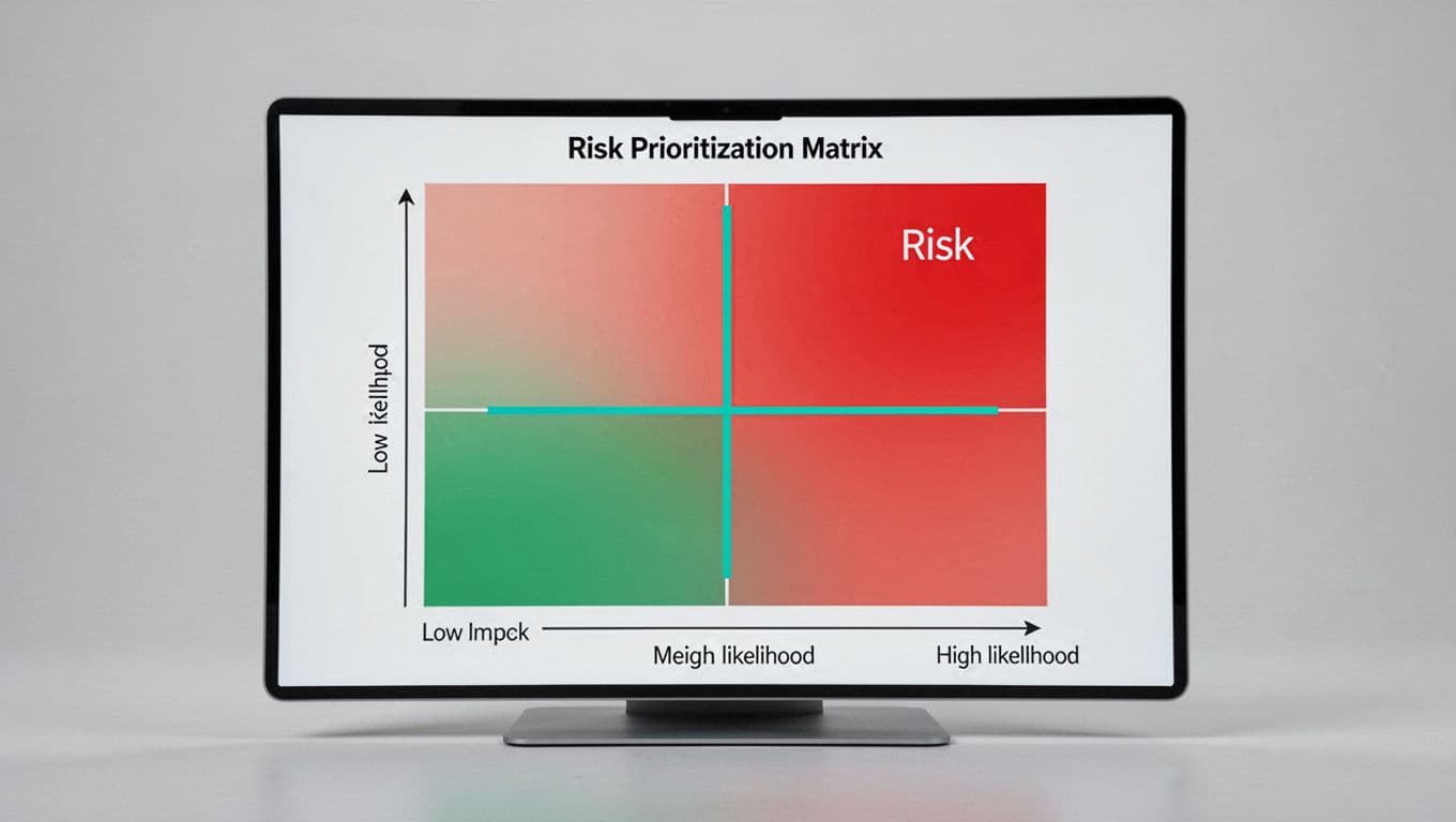 Digital screen shows 2x2 risk matrix with likelihood axis horizontal low-to-high and impact vertical low-to-high, quadrants shaded green to red.