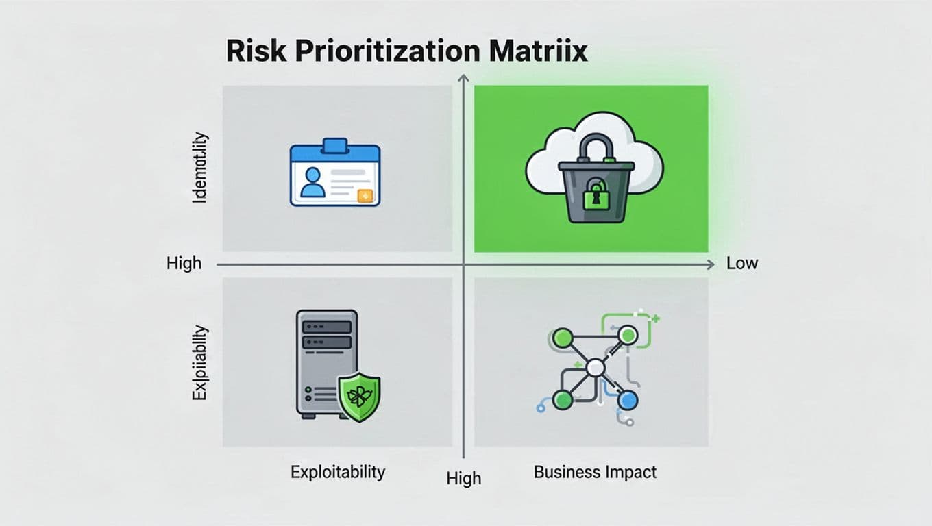 Modern illustration of a risk prioritization matrix diagram for exposure validation plans, featuring four quadrants based on high/low exploitability and business impact with specific icons: cloud bucket with open lock (high-high), server patch (low-low), identity badge (high-low), network path (low-high). Clean design with green accents on high-risk areas, neutral background, landscape composition.