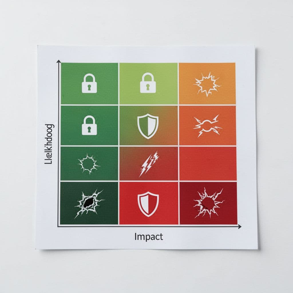 3x3 grid with likelihood on Y-axis low to high, impact on X-axis low to high, green low-risk to red high-risk colors, simple icons in cells.