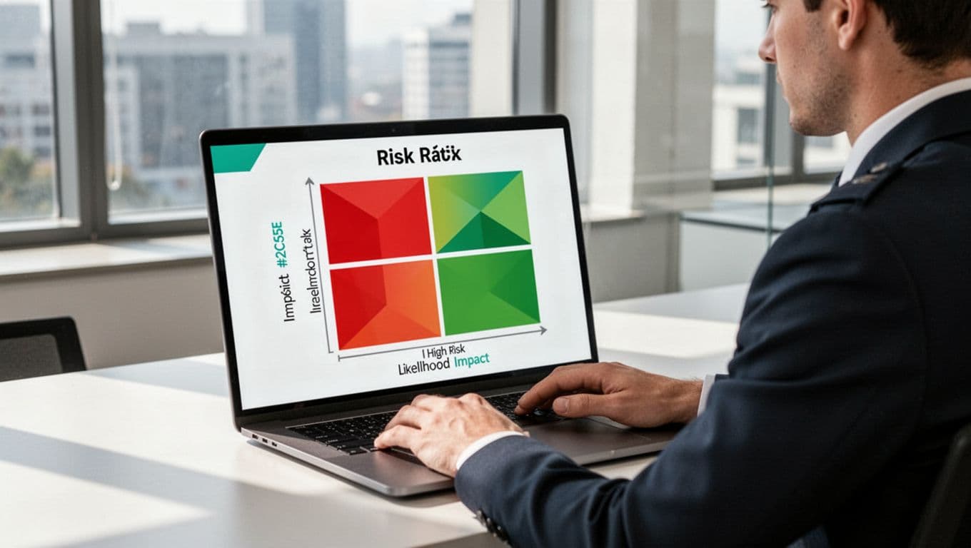Modern illustration of a 2x2 risk prioritization matrix on a laptop screen in an office, viewed by a security professional with relaxed hands on keyboard. Color-coded quadrants from red high-risk to green low-risk, clean shapes, controlled colors with green accent, natural window lighting.