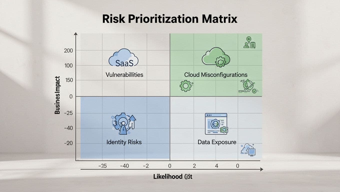 Abstract risk prioritization matrix with horizontal likelihood axis (low to high) and vertical business impact axis (low to high), quadrants filled with icons for SaaS vulnerabilities, cloud misconfigs, identity risks, and data exposure; high-risk quadrant highlighted in green.