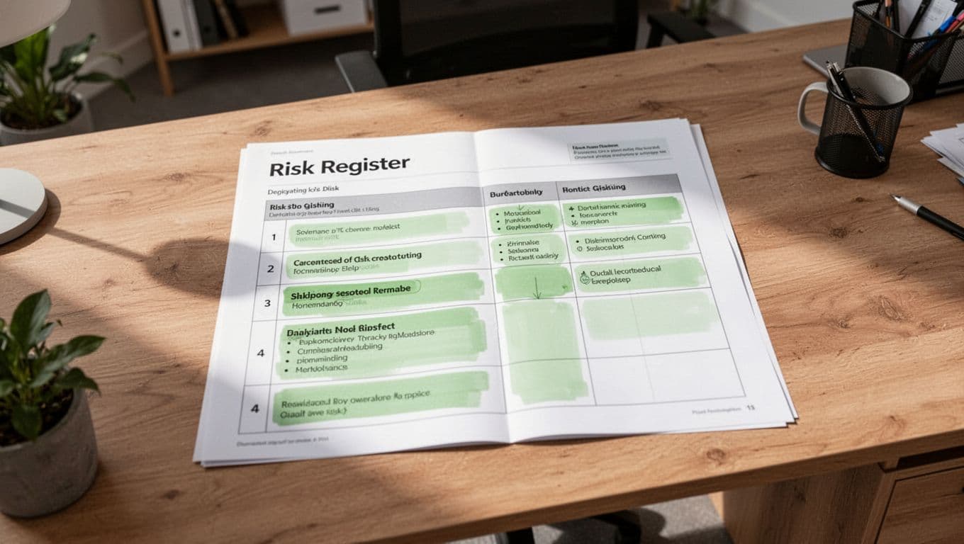 Modern top-down illustration of a detailed risk register document on a desk, featuring highlighted risks, mitigation steps, and priority levels in green (#22C55E), with an open notebook and coffee mug in a natural office setting using clean shapes and soft lighting.