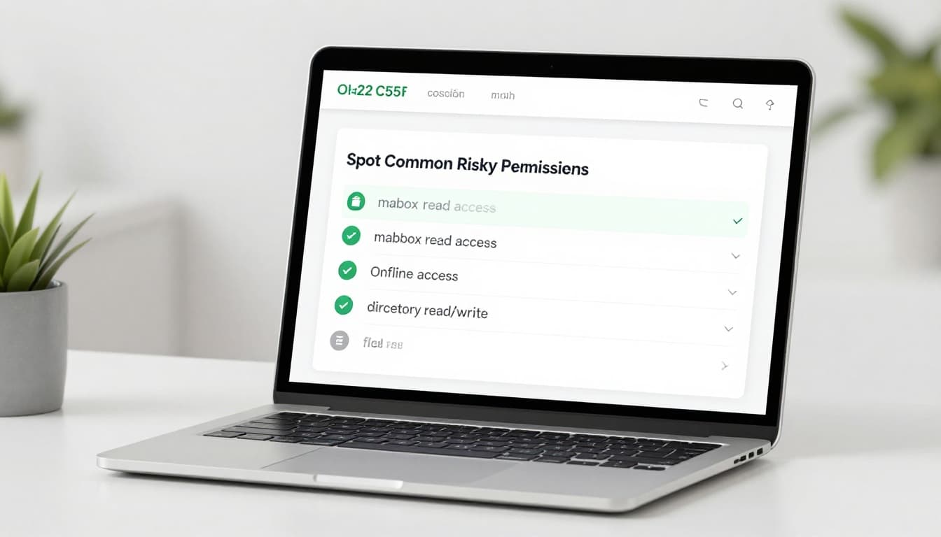 Laptop on modern office desk displays OAuth consent screen highlighting risky permissions in green.