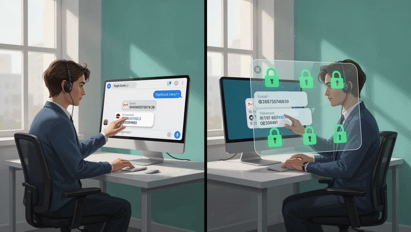 Split view of support agent at desk: left pastes email and card into public chat, right uses redaction tool with green locks.