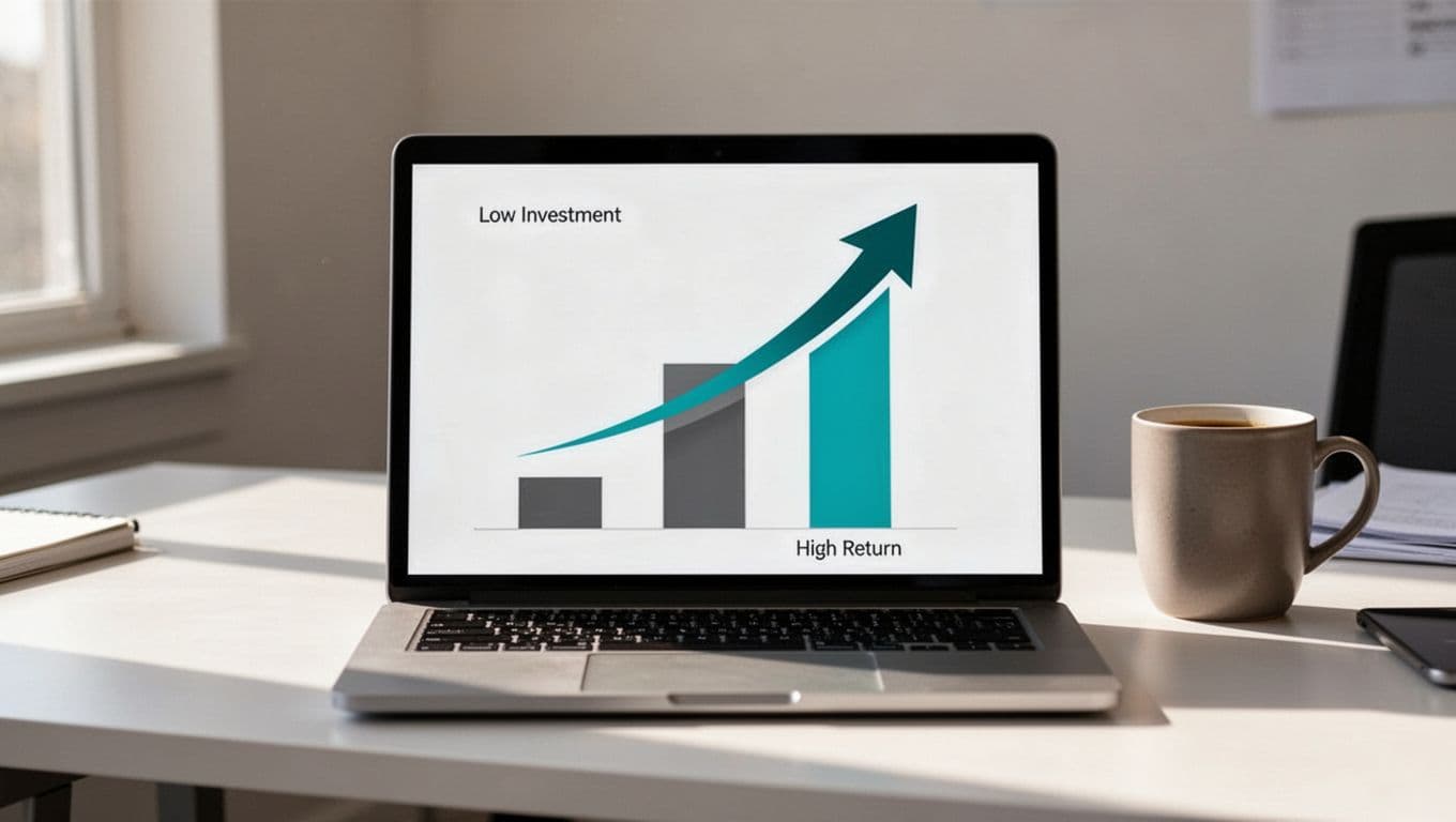 Modern illustration of a simple bar chart on a laptop screen showing low investment costs on the left and high returns on the right with an upward arrow, placed on an office desk with a coffee mug nearby.