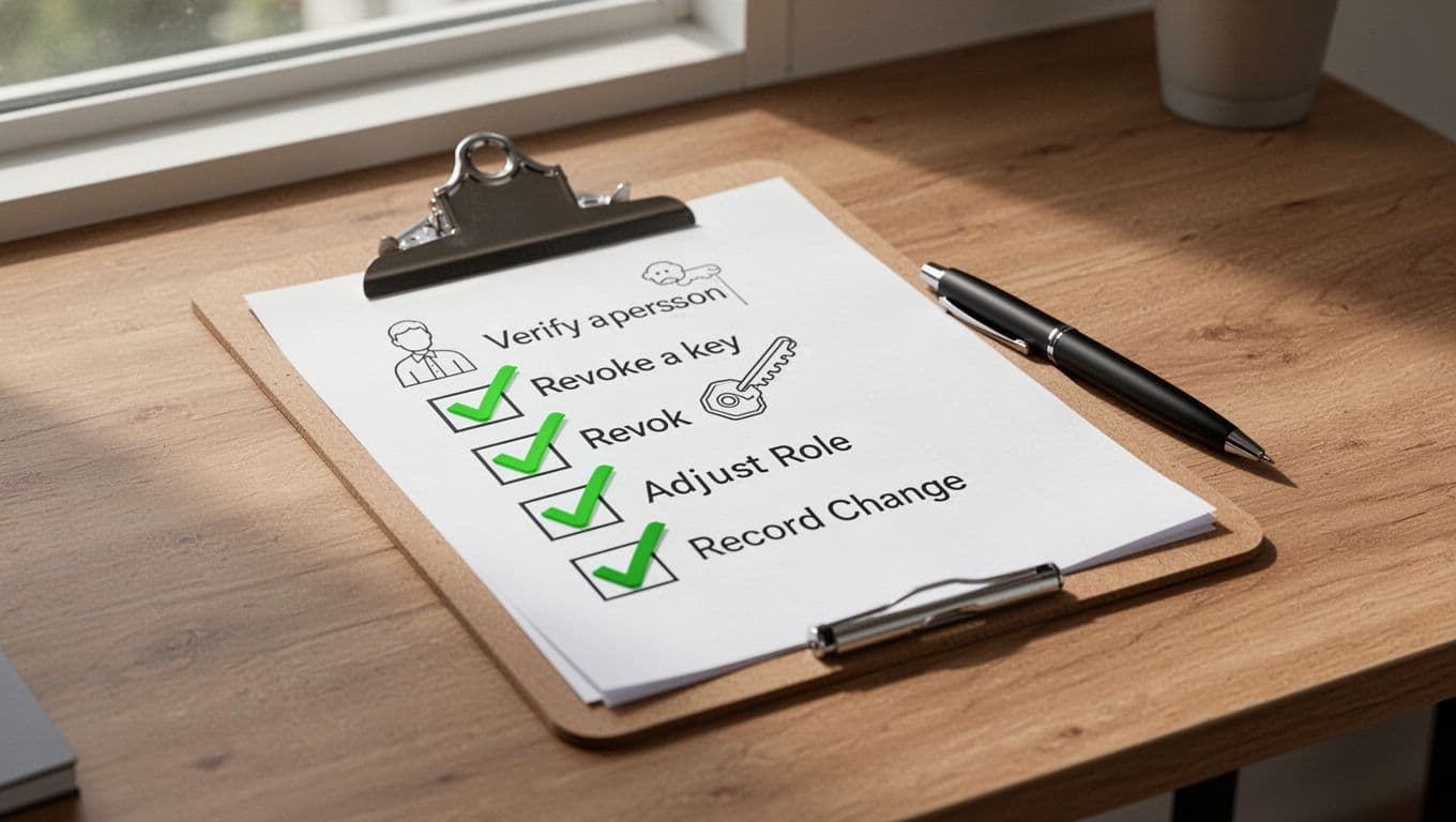 Clipboard with green checkmarks next to icons for user verification, access revocation, role updates, and logging on desk with pen.