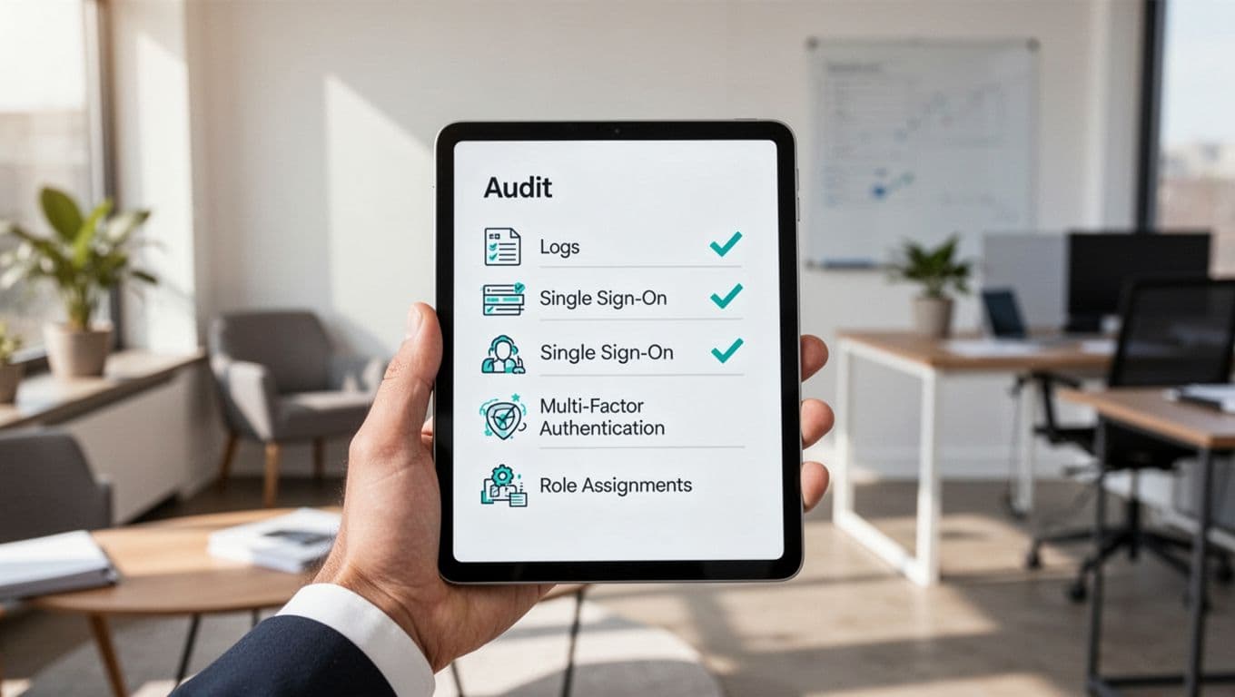 Modern illustration of a simple organized checklist on a digital tablet held by one hand in a professional office setting, featuring abstract icons for audit steps like logs, SSO, MFA, and roles with checkmarks in #22C55E.