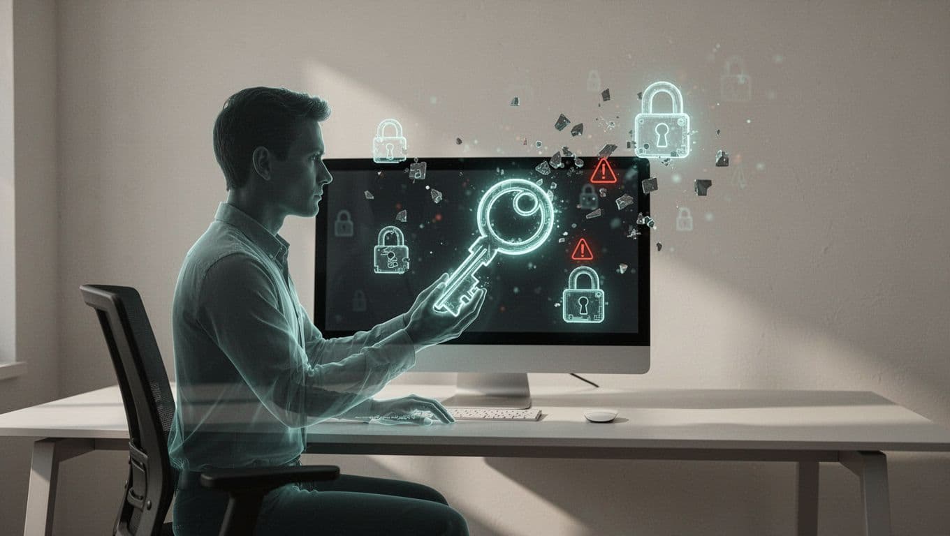 Office with ghost silhouettes of ex-employees holding SaaS admin keys on screens, broken locks and alert icons floating around central desk.