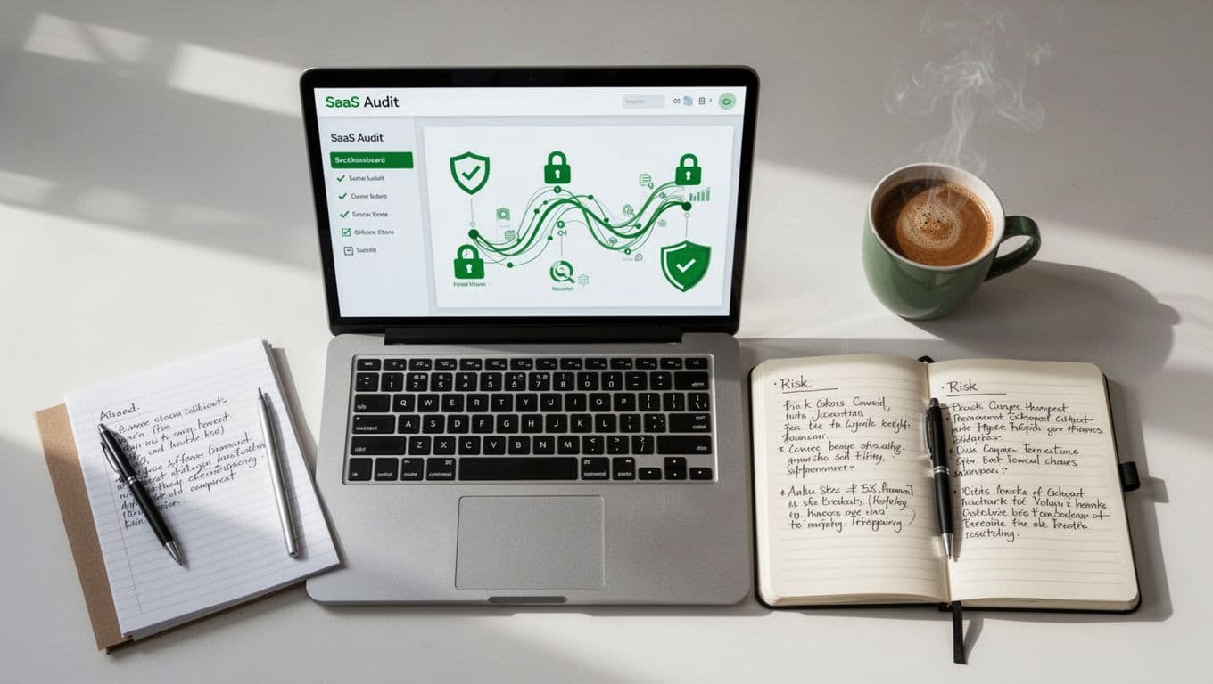 Top-down view of an auditor's organized desk with a laptop displaying blurred SaaS dashboard checklists and security icons like locks and shields, a notebook with risk notes, and a coffee mug nearby. Modern illustration style with clean shapes, green accent color for secure elements, soft lighting, no people or text.