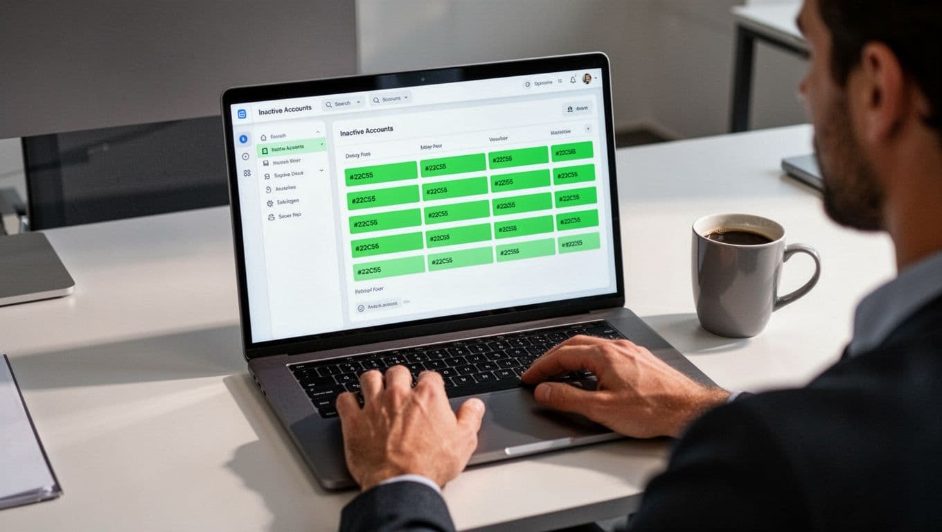 Modern illustration of a laptop screen showing a SaaS admin dashboard with user accounts and inactivity status highlighted in green, on an office desk with coffee mug and hands on keyboard.
