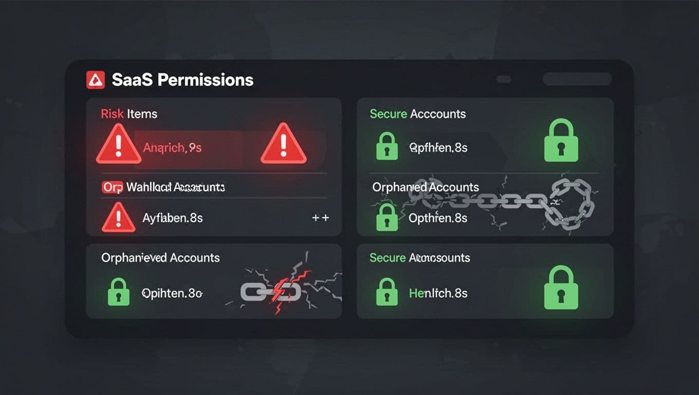Illustration of a digital dashboard showing SaaS permissions with warning icons for orphaned accounts, broken chain links, and over-permissioned user profiles in red, and green lock icons for secure ones on a dark subtle background.