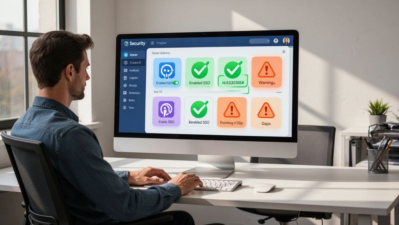 Illustration of a computer dashboard on a modern office desk displaying SaaS app icons with green checks for SSO enabled and orange warnings for gaps, viewed by one seated security analyst.
