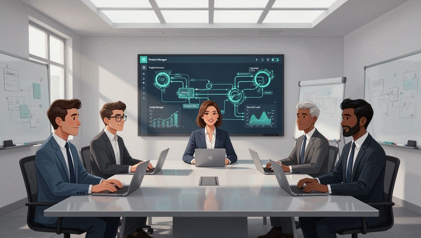 Central privacy manager coordinates with four colleagues around shared dashboard showing data flows in conference room.