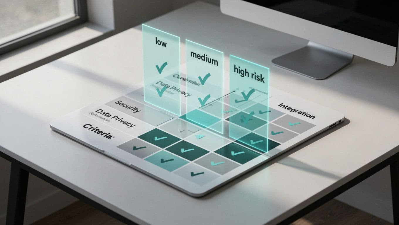 Isometric view of decision matrix table on desk with low medium high risk columns and check icons for criteria.