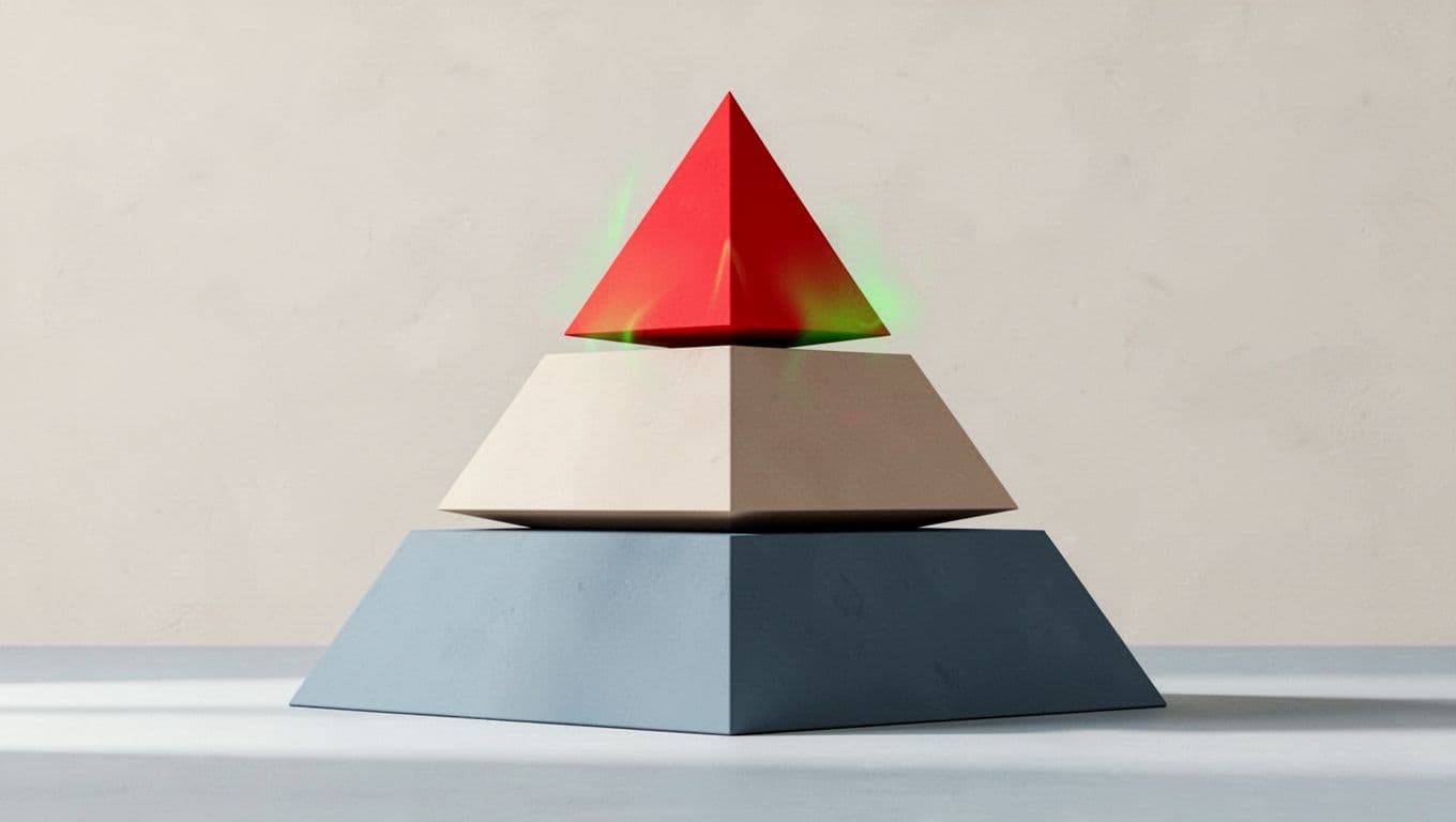Pyramid graphic with wide low-privilege user base narrowing to red high-privilege admin peak accented in green.