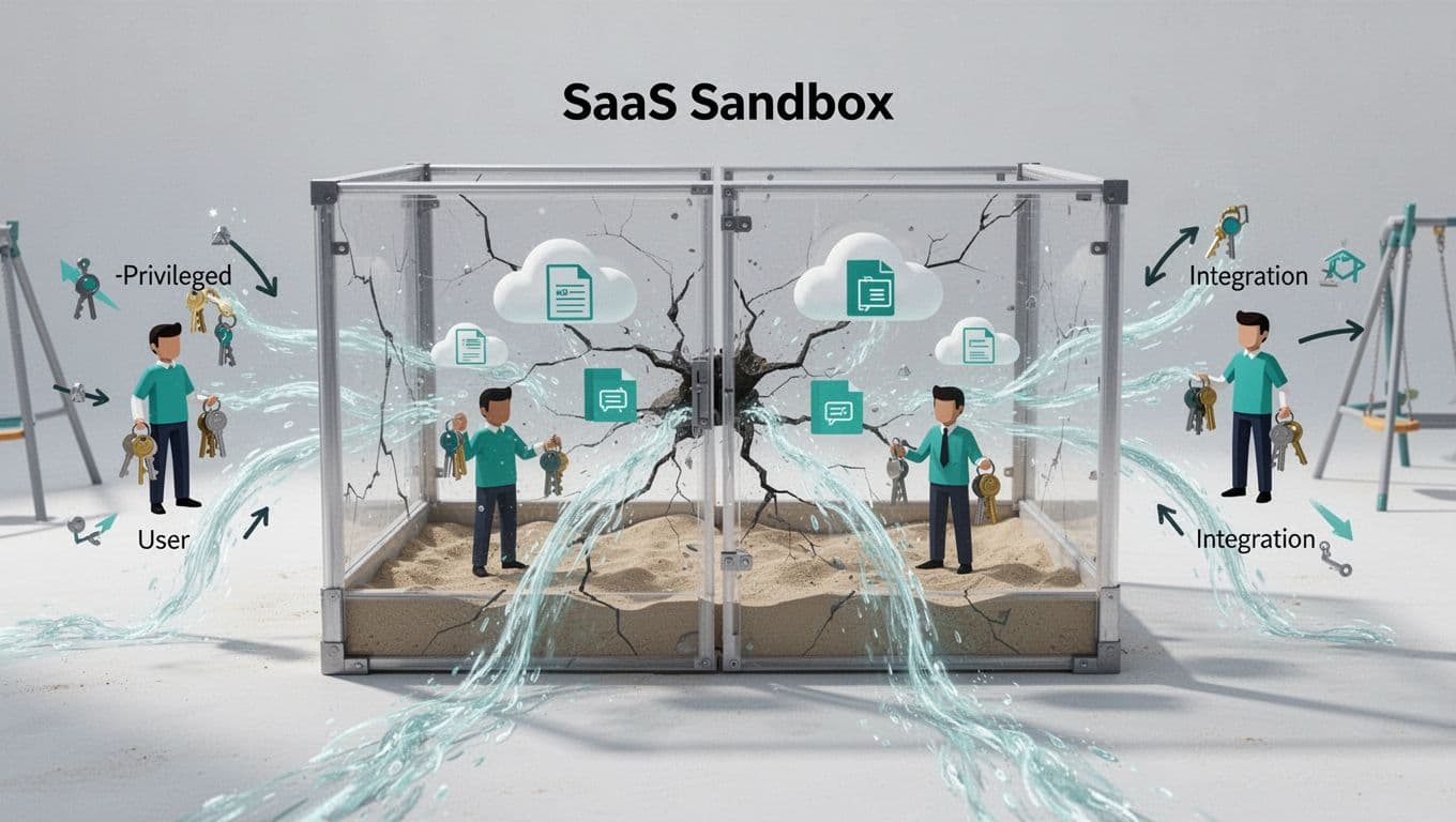 A SaaS sandbox environment depicted as a contained playground area with floating cloud icons and data files inside a transparent barrier; cracks appear in the barrier allowing data streams to leak out; include over-permissioned user icons with too many keys and unmanaged integration arrows connecting outside; modern illustration style with clean shapes, controlled color palette using #22C55E as accent for warning highlights, bright even lighting, simple composition centered on the sandbox, exactly one barrier structure, no people, no text, no logos, no watermarks.
