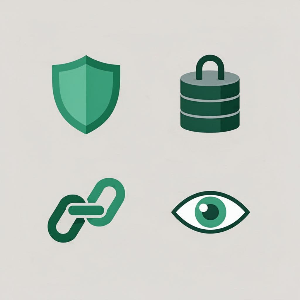 Modern flat icons representing key SaaS security audit domains: shield for access control, locked database for data security, chain links for integrations, and eye for monitoring, arranged in a 2x2 grid on a neutral background with green accent color.