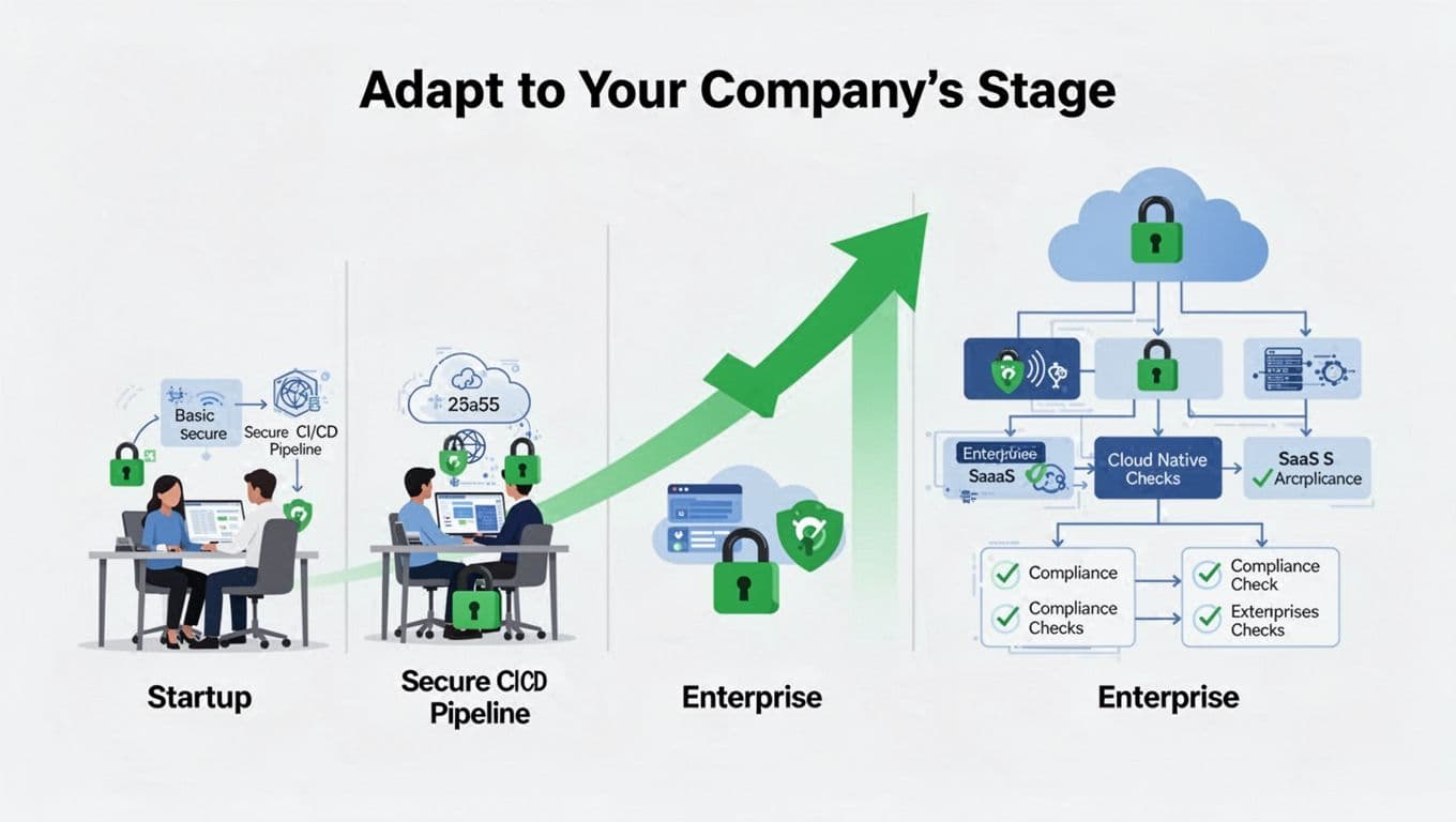 Modern illustration depicting the evolution of SaaS product security from a startup's basic CI/CD pipeline to an enterprise's cloud-native architecture with compliance checks, using icons, green locks, and growth arrows.