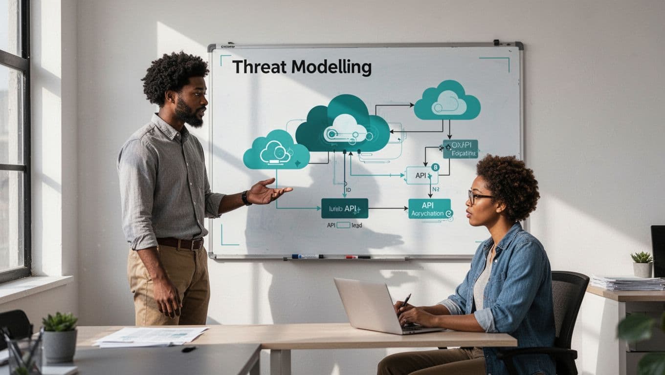 Modern illustration of a diverse SaaS security team of two people collaborating around a digital whiteboard showing a threat modeling diagram with cloud icons and API flows in a simple office setting.
