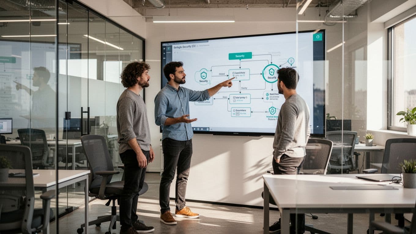Three engineers in modern office review API security diagrams on large screen; one points to threat model flowchart.