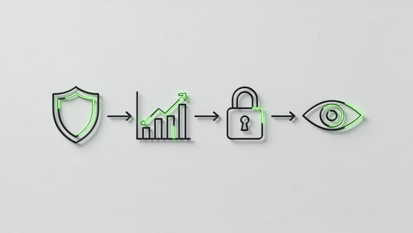 Horizontal line art flowchart with shield, graph, lock, and eye icons connected by arrows.