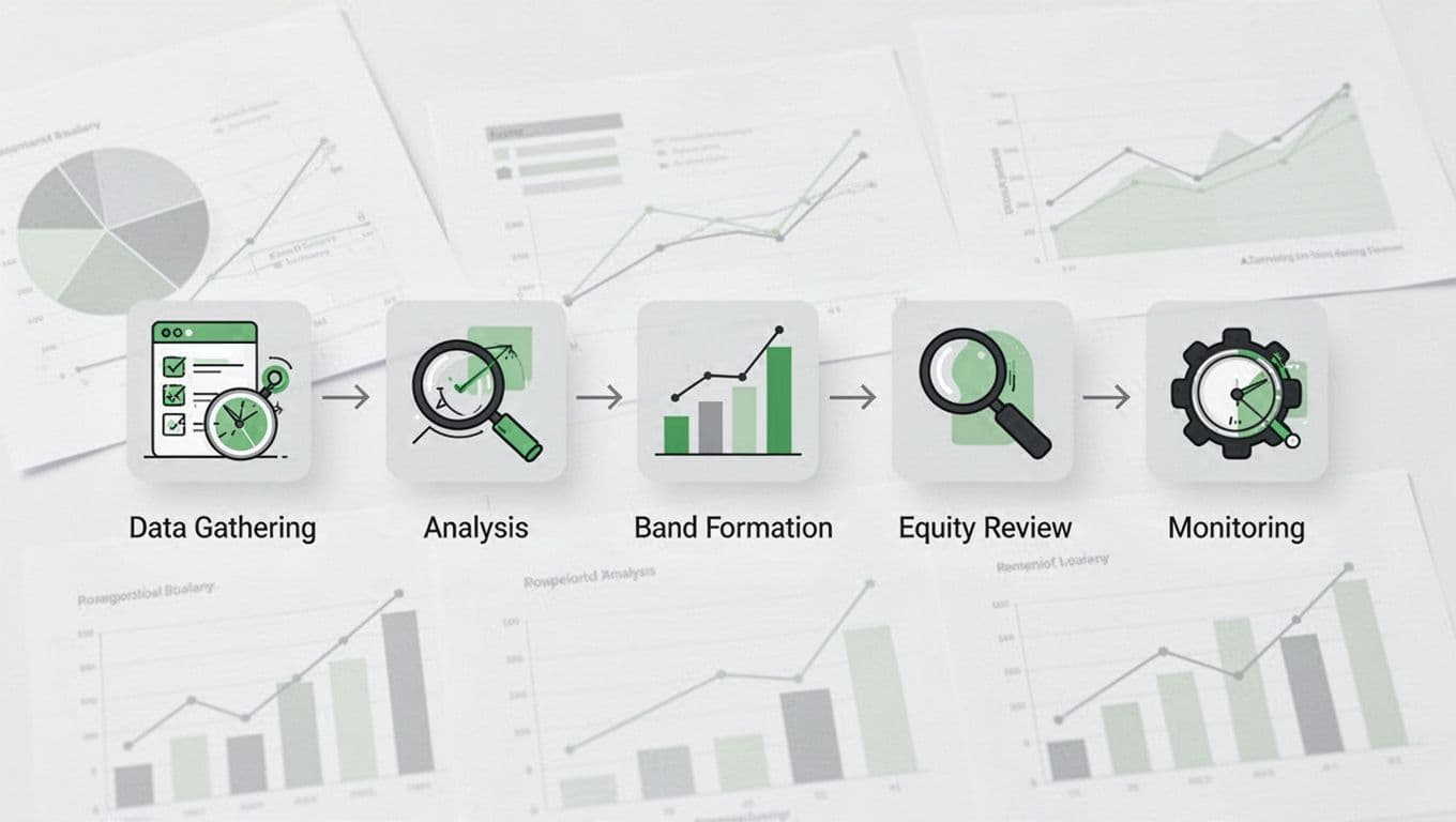 Modern illustration of five icons representing steps to build salary bands, data gathering, analysis, band creation, equity check, monitoring, connected by arrows on a light professional workspace background with charts.