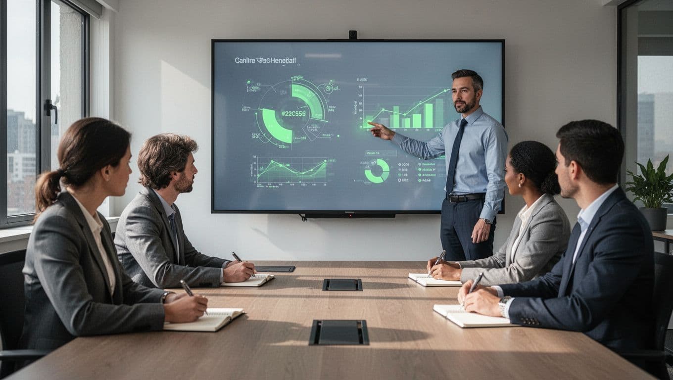 Sales manager points to screen showing verification checklist as three team members take notes in conference room.