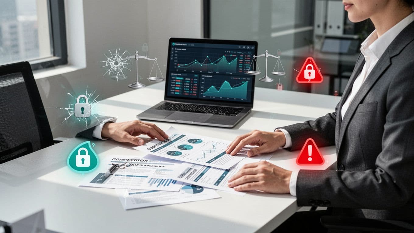 Sales professional at desk reviews printed competitor documents and laptop market data with floating red warning icons.