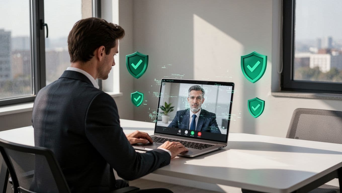 Sales rep at desk pauses to check glitched executive on laptop screen during video call in office.