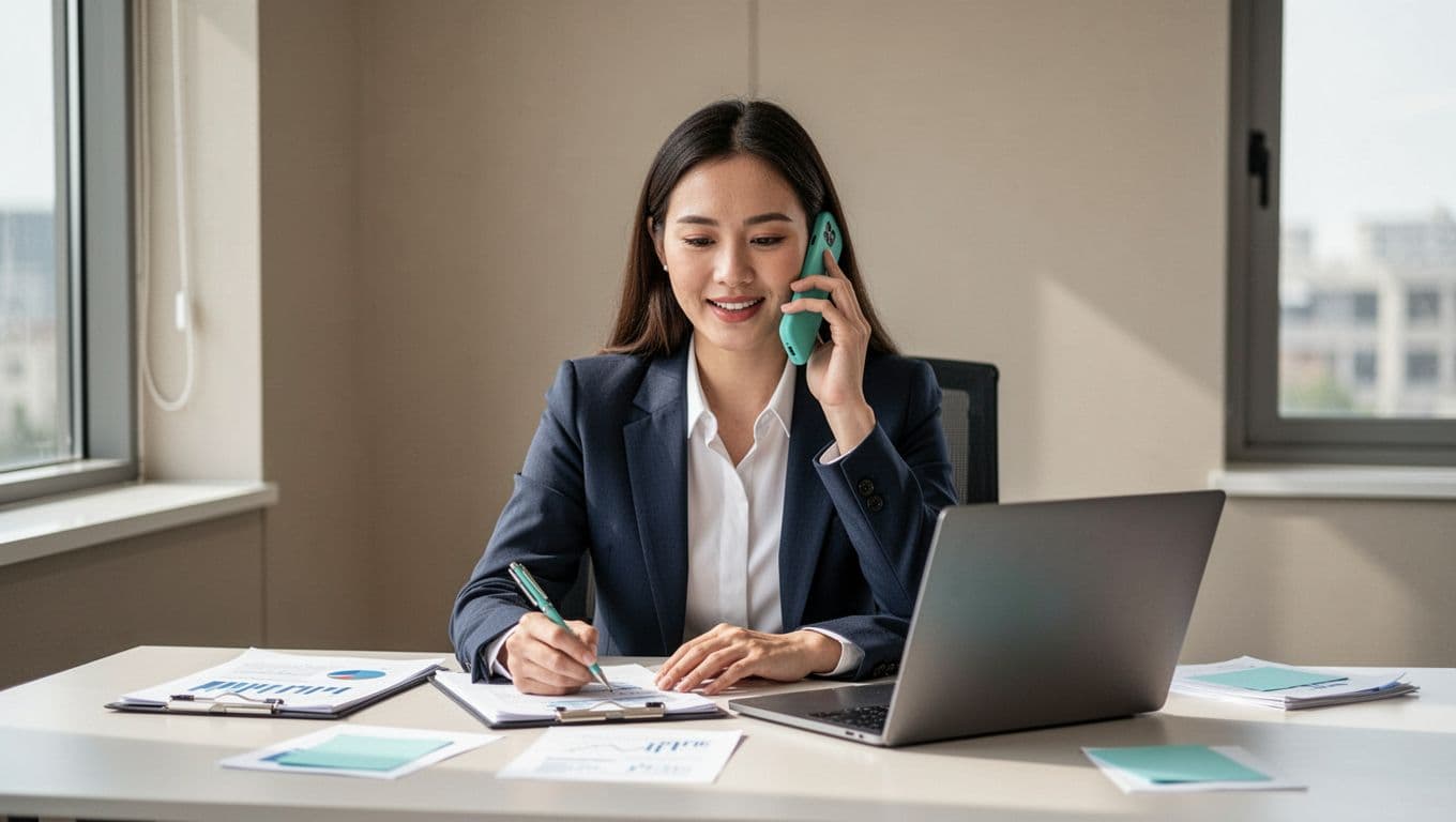 Modern illustration of a calm sales representative at a desk engaged in a phone call with a customer, featuring clean shapes, controlled colors, office background, notes, computer, and subtle green highlights.