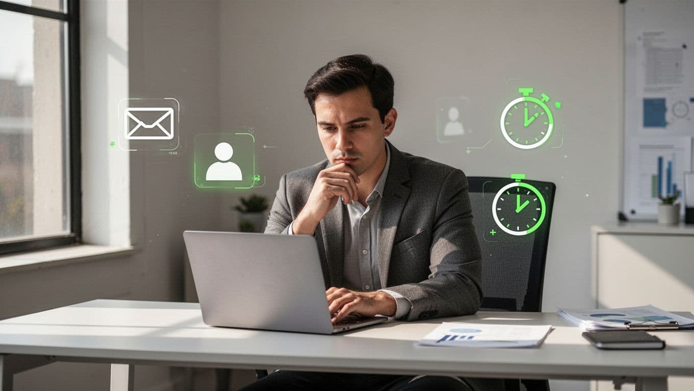 Sales rep at desk examines laptop email with floating red flags for mismatched domain, generic photo, and urgency clock.