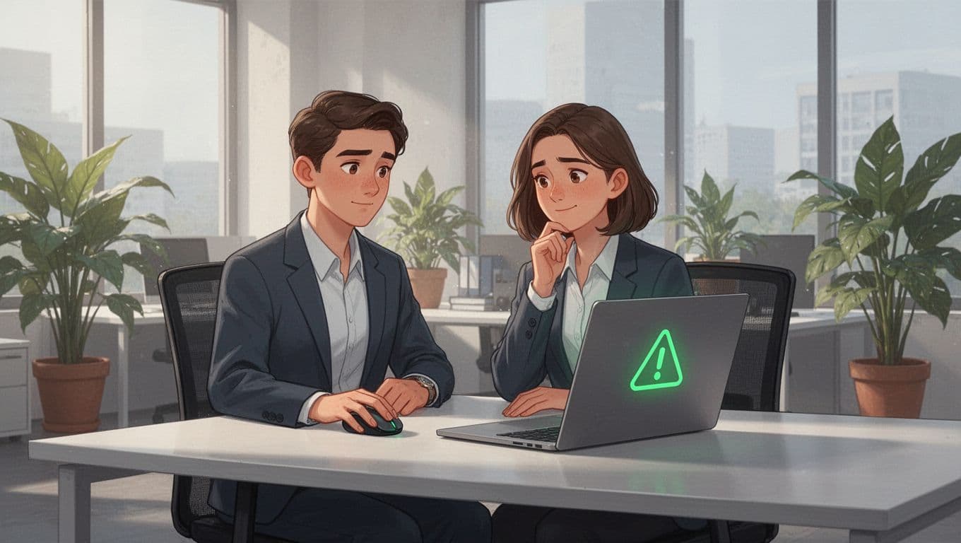 Sales representative at modern office desk thoughtfully hovers mouse over suspicious phishing email link about fake urgent meeting, without clicking.