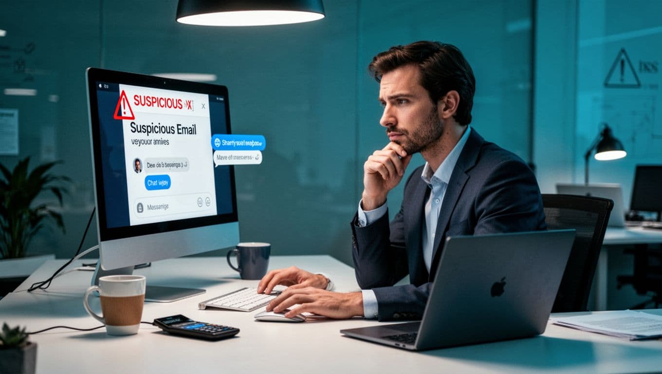 Sales rep pauses at computer screen showing suspicious email and chat alert, hand hovering over mouse on desk with coffee mug, laptop, and phone.